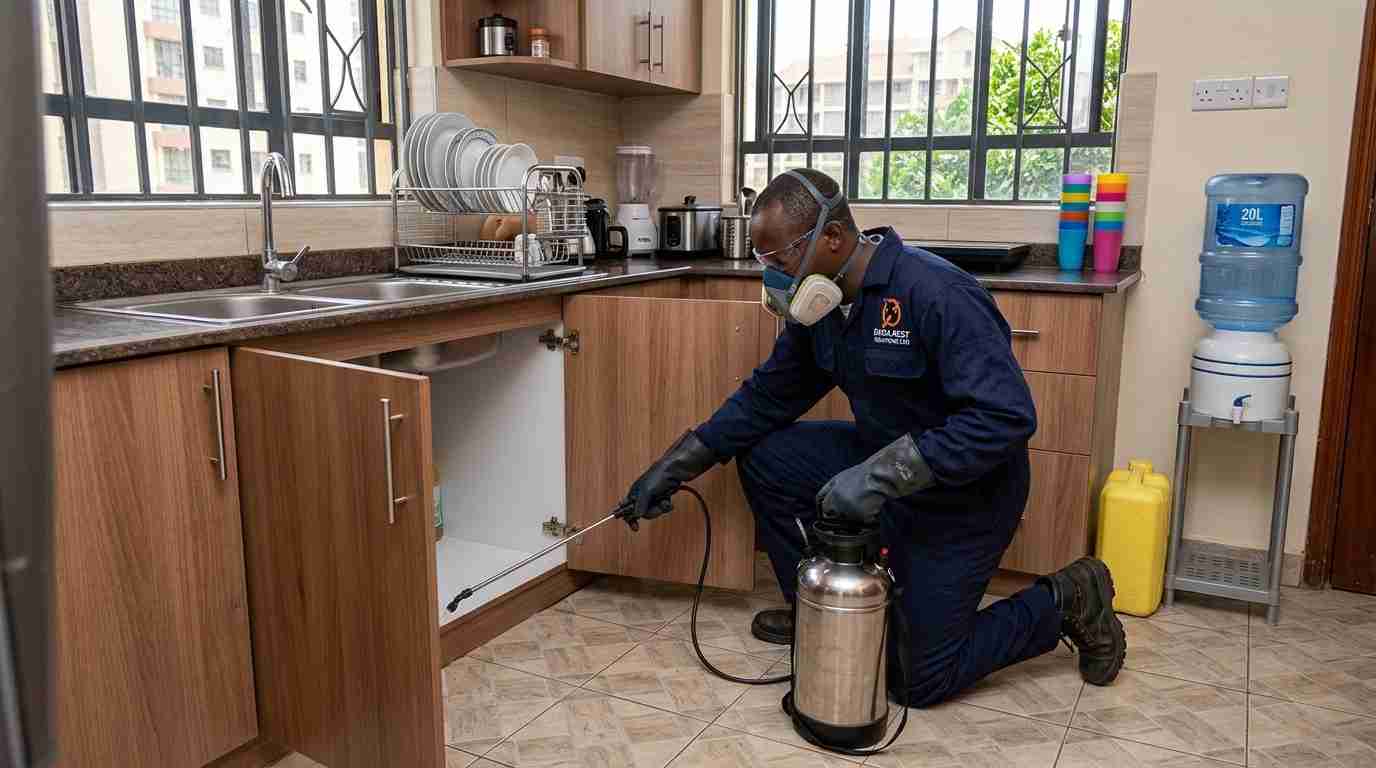 Pest treatment under a kitchen sink cabinet